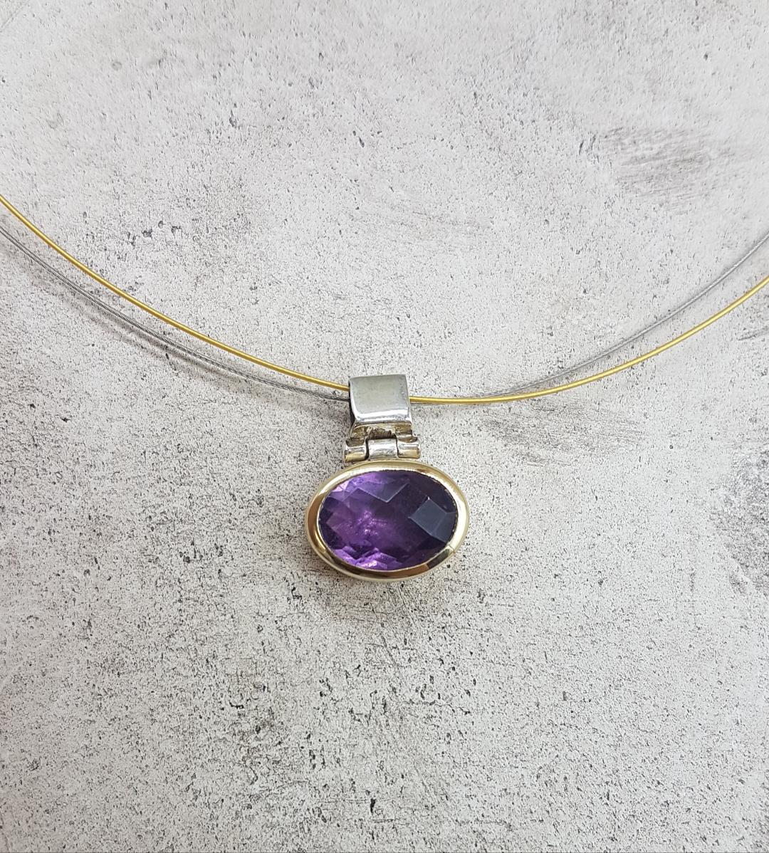 Womens handmade silver and gold pendant made of 925 ° Silver & K18 Gold and natural purple Amethyst.