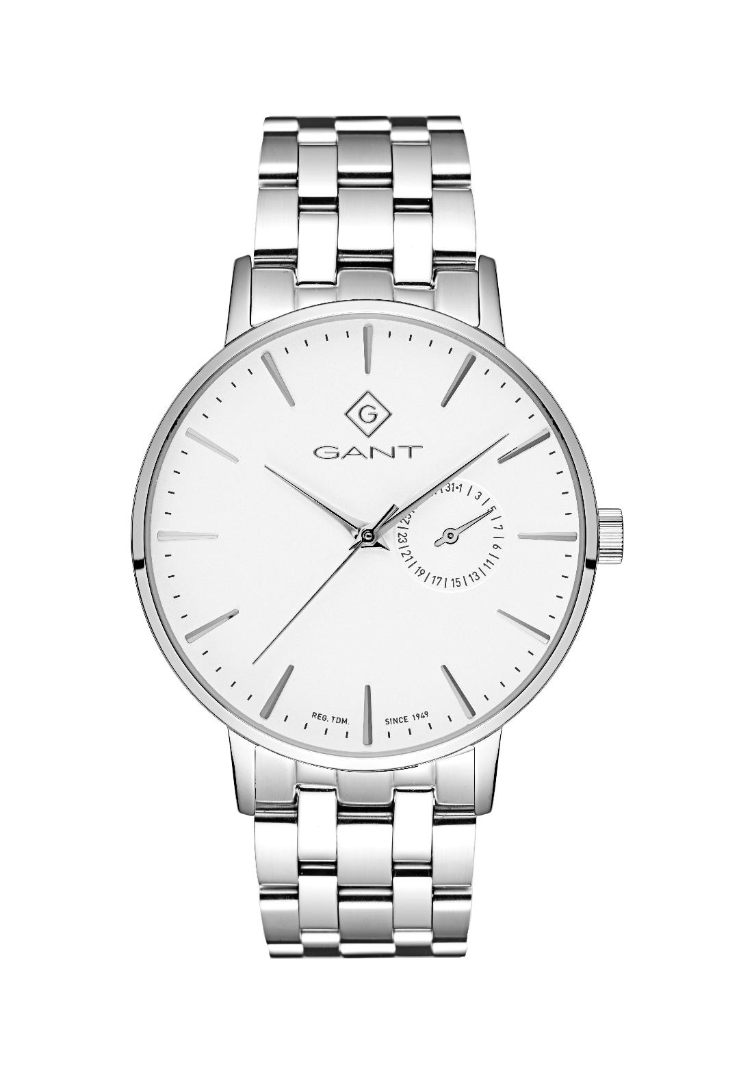 Mens GANT Watch with silver date bracelet and white dial.