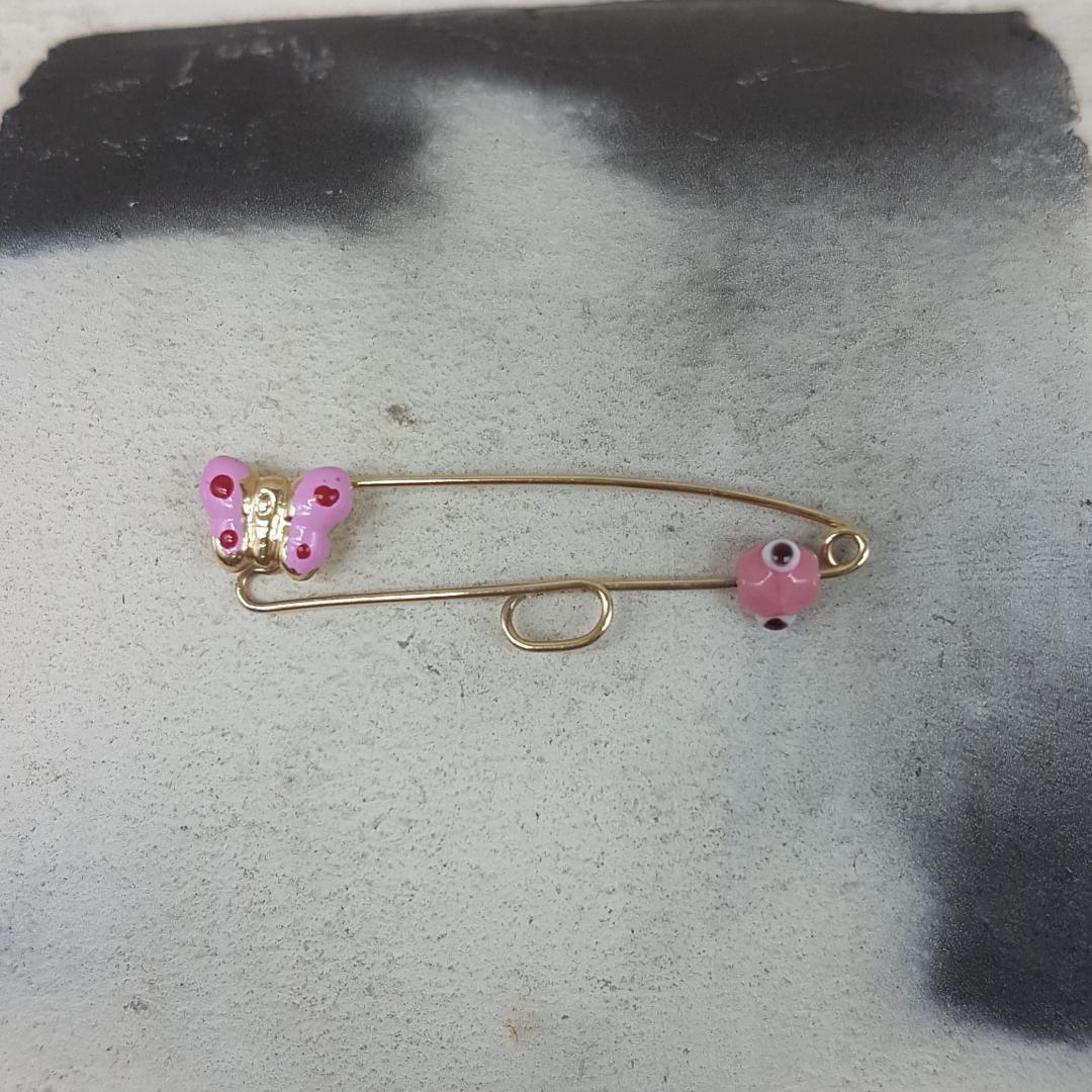 Παιδική χρυσή παραμάνα για Κορίτσι Κ9 με πεταλούδα και ροζ ματάκι διακοσμημένη με ροζ σμάλτο.