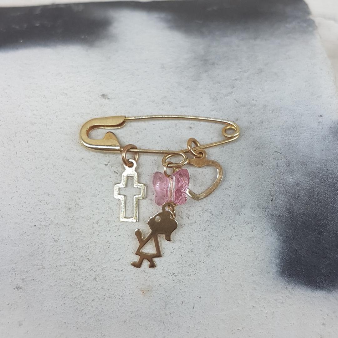 Παιδική χρυσή παραμάνα για Κορίτσι Κ14 με σταυρό,κορίτσι,καρδιά διακοσμημένη με ροζ κρύσταλλο Swarovski.