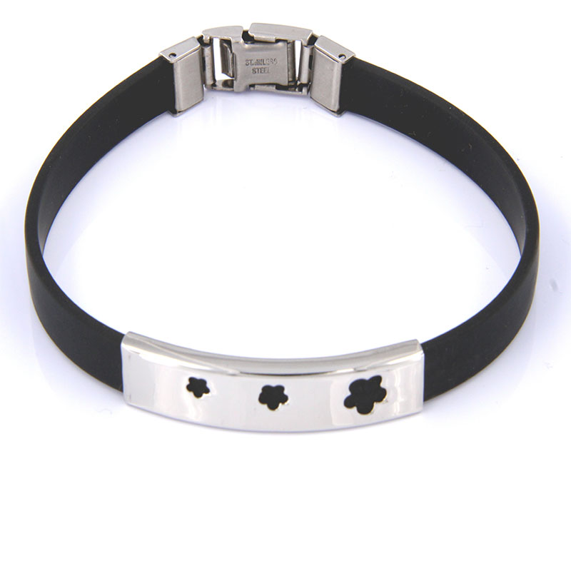 Mens Steel Bracelet with black rubber and safety clasp.