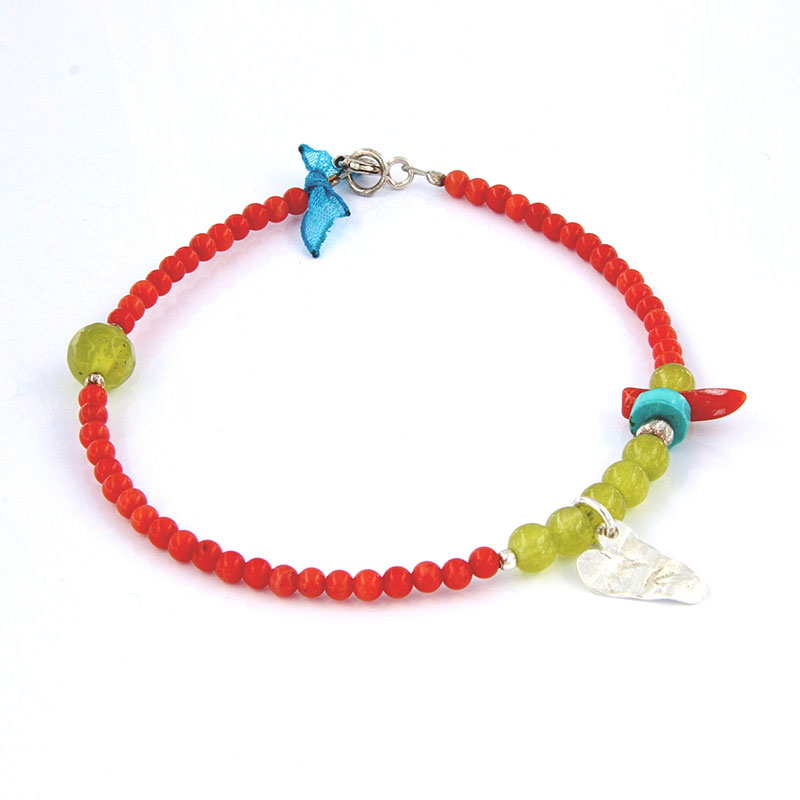 Handmade 925 ° silver bracelet decorated with natural Corals, Lemon Quartz and Turquoise.