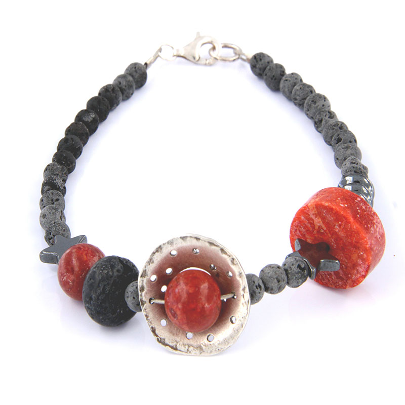 Handmade 925 ° silver bracelet decorated with Lava, Hematite and natural apple coral.