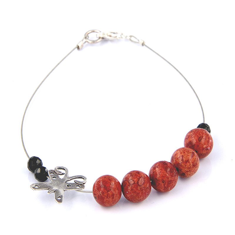 Womens handmade bracelet made of 925 ° silver with natural apple coral and natural onyx.