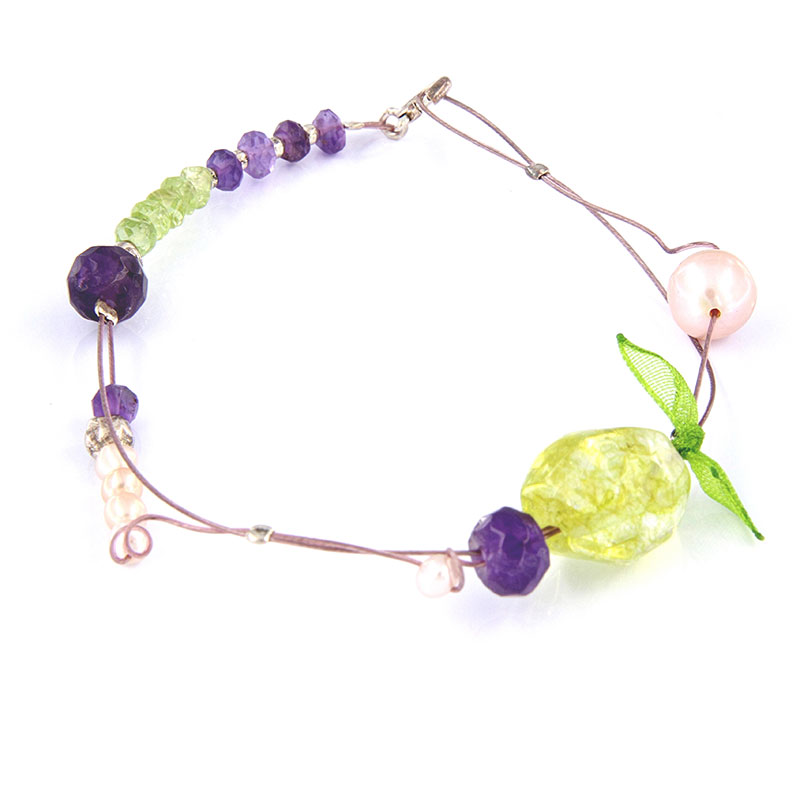 Handmade Sterling Silver Bracelet with 925 ° Silver with Natural Pearls, Natural Purple Amethyst and Natural Green Periods.