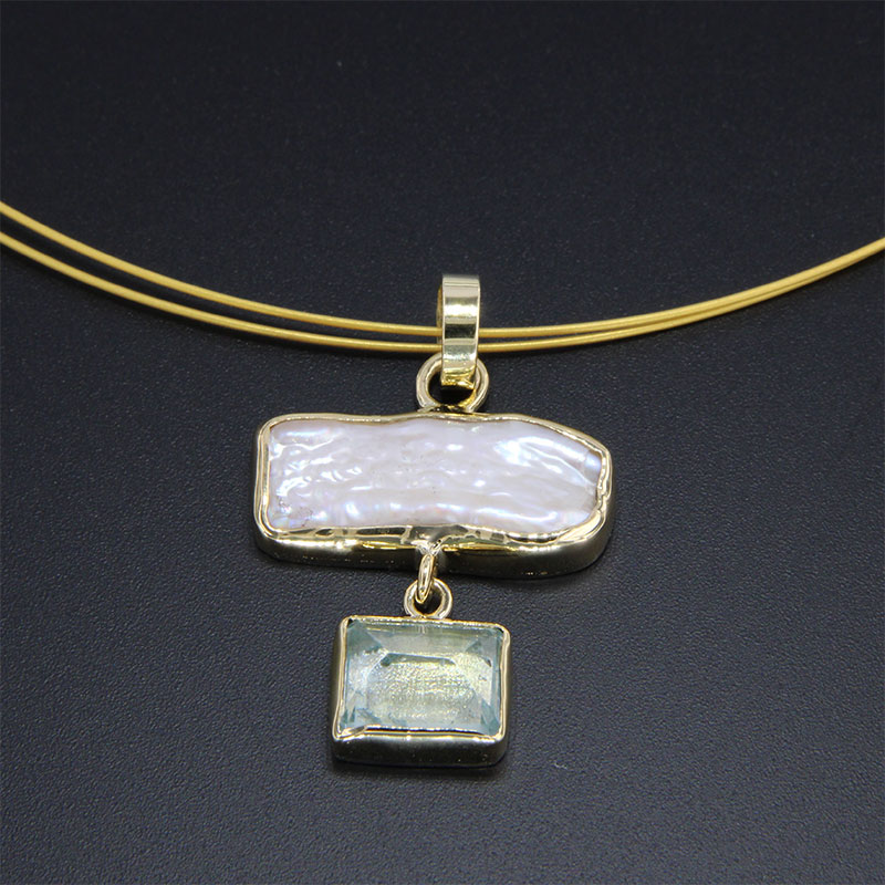 Handmade Sterling Silver Pendant with Sterling Silver 925 ° & Gold K18 with Natural Raw Pearl and Natural Blue Aquamarine.
