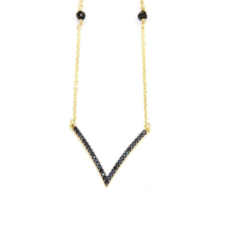 Womens Gold Pendant with K14 Chain Decorated with Black Zircon and Natural Onyx