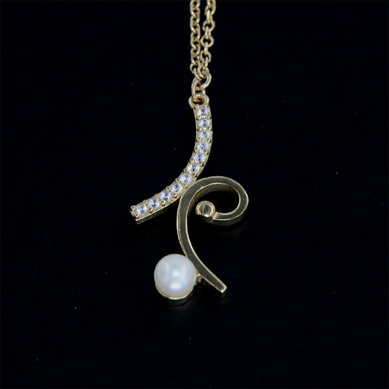 Womens gold pendant with K9 chain decorated with white zircons and natural Pearl.