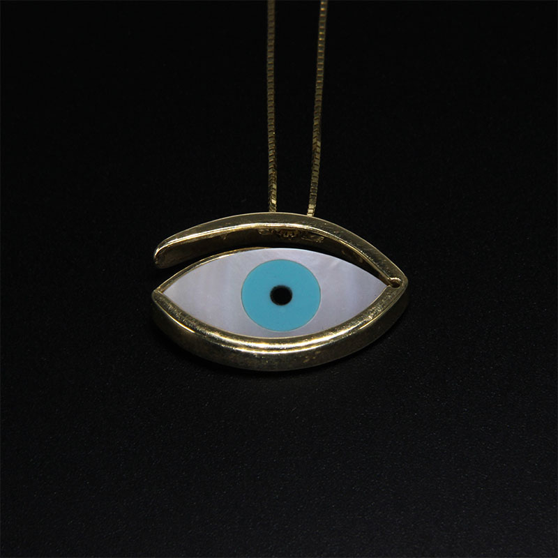 Womens handmade gold eye pendant K14 with square chain and natural Fildisi.