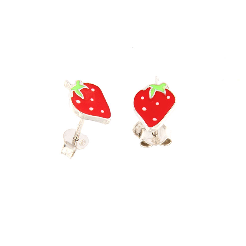 Παιδικά ασημένια σκουλαρίκια 925° σε σχήμα Φράουλας διακοσμημένα με σμάλτο.
