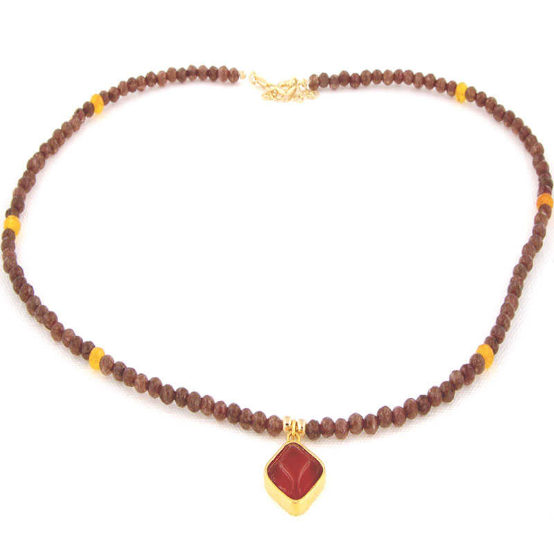 925 Sterling Silver Gold Plated Necklace with Natural Agates and Central Corneoli.
