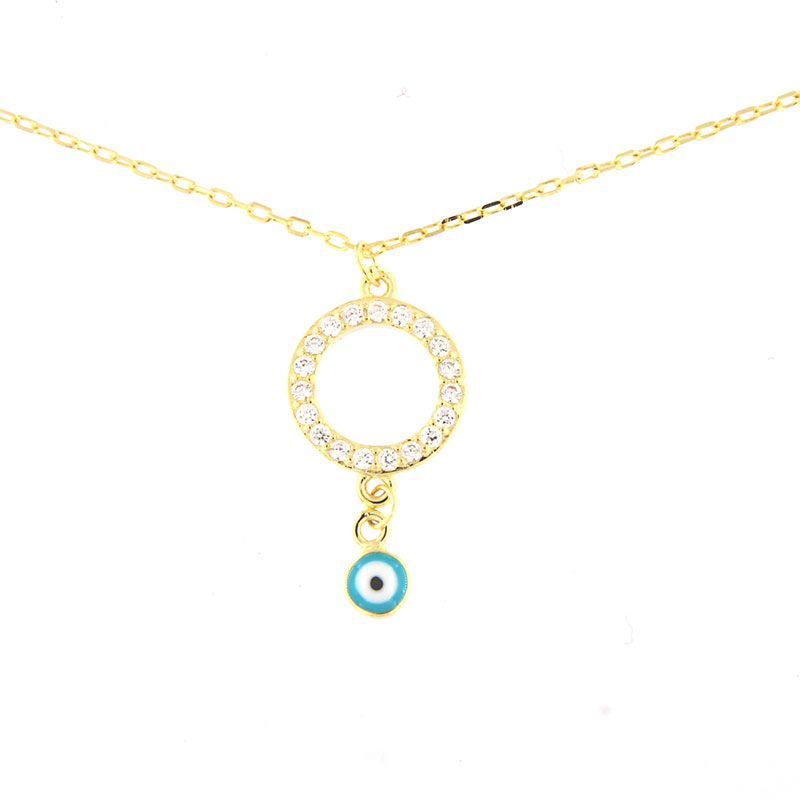 Womens Silver Gold Plated Pendant Circle with Eye 925 decorated with enamel and white zircons.