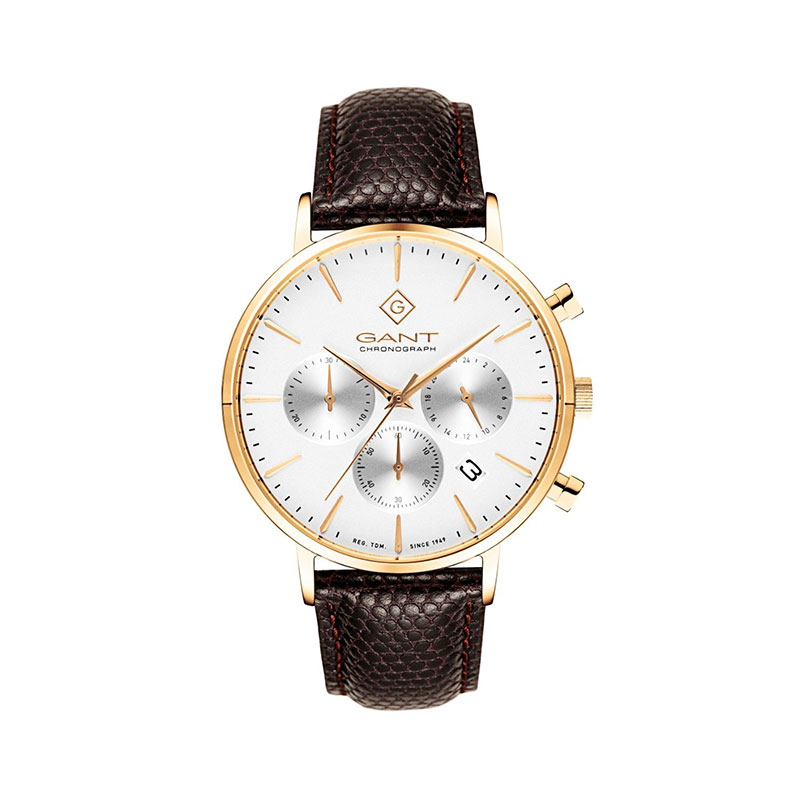 Ανδρικό ρολόι Gant από επιχρυσωμένο ανοξείδωτο ατσάλι με λευκό καντράν και καφέ δερμάτινο λουράκι.
