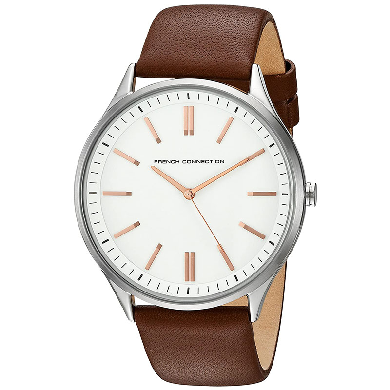 A modern watch from the French Connection series made of stainless steel and a brown leather strap with a white dial.