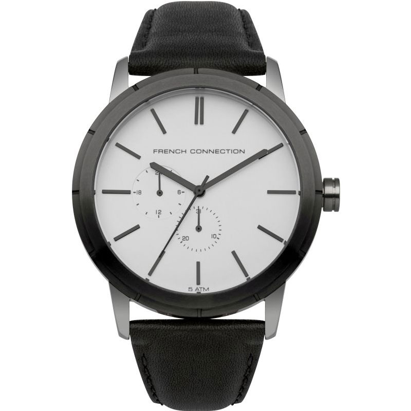 A modern watch from the French Connection series made of stainless steel and a black leather strap with a white dial