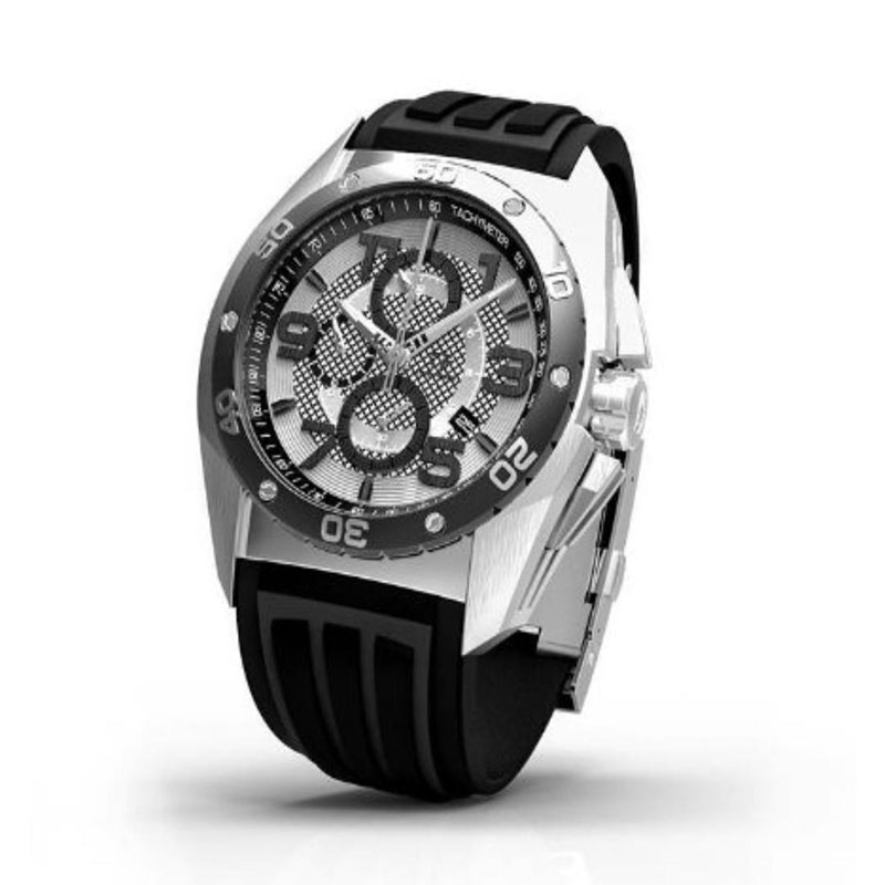 Mens Time Force wristwatch with analog time display and black silicone strap.