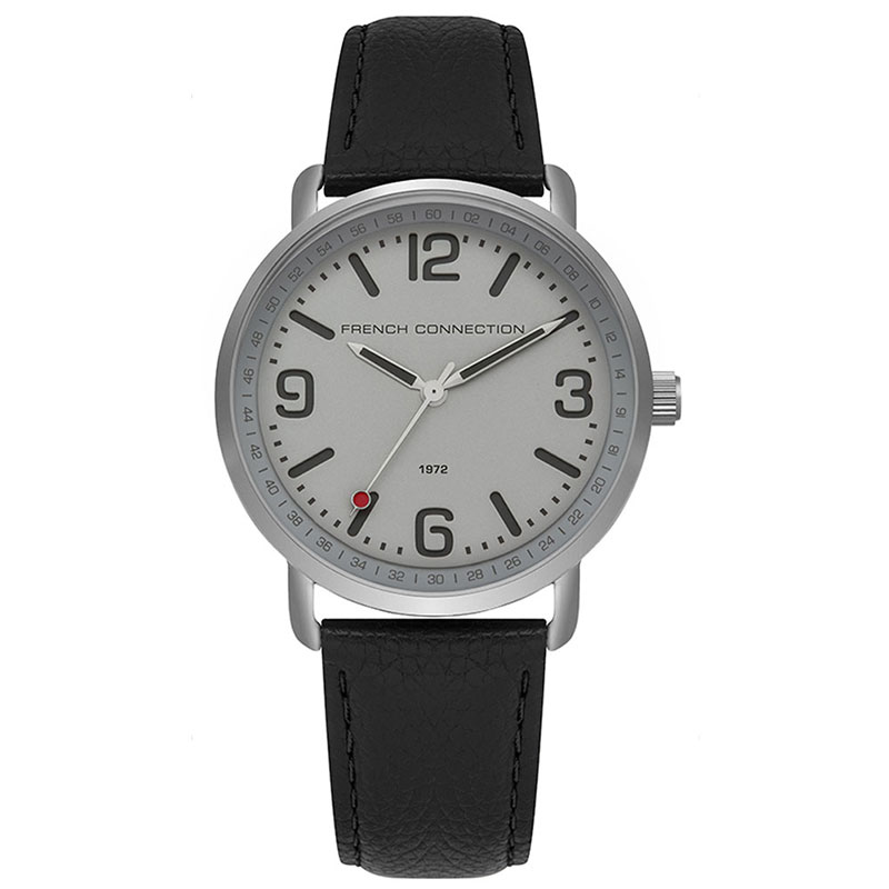Mens watch French Connection made of stainless steel with gray dial and black leather strap.