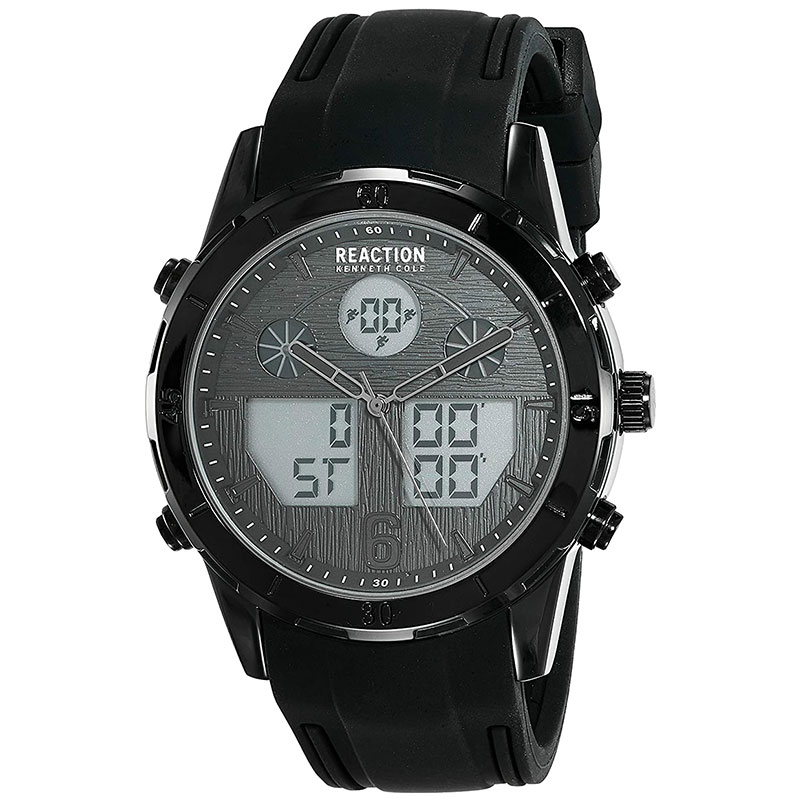 Mens wristwatch REACTION KENNETH COLE with digital dial and black rubber strap.