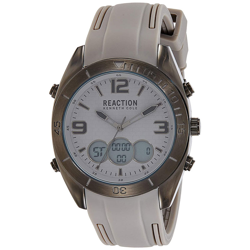 Mens wristwatch REACTION KENNETH COLE with digital dial and gray rubber strap.