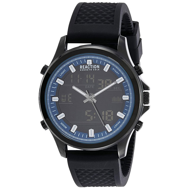Mens wristwatch REACTION KENNETH COLE with digital dial and black rubber strap.