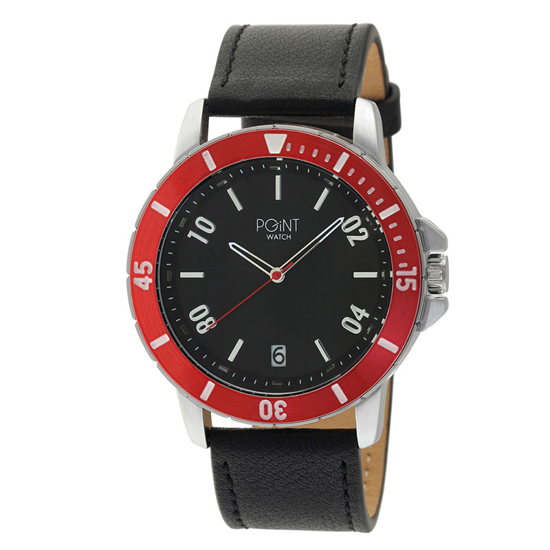 Mens Watch with black dial, red rim and leather strap.