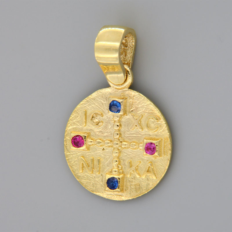 Χρυσό χειροποίητο Κωνσταντινάτο διπλής όψης για Κορίτσι Κ9 διακοσμημένο με κόκκινα Ρουμπίνια και μπλε Ζαφείρια.