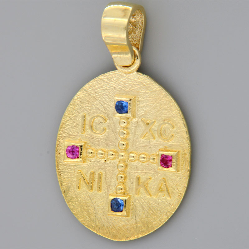 Χρυσό χειροποίητο Κωνσταντινάτο διπλής όψης για Κορίτσι Κ9 διακοσμημένο με κόκκινα Ρουμπίνια και μπλε Ζαφείρια.