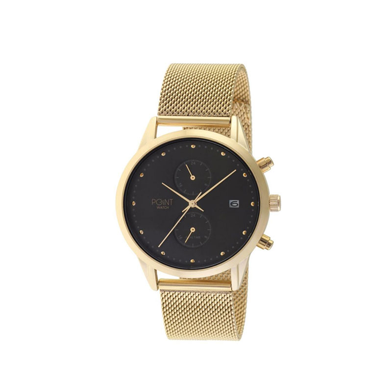 Womens Point Zeuw Watch with steel gold knitted bracelet and black dial with date SK20.
