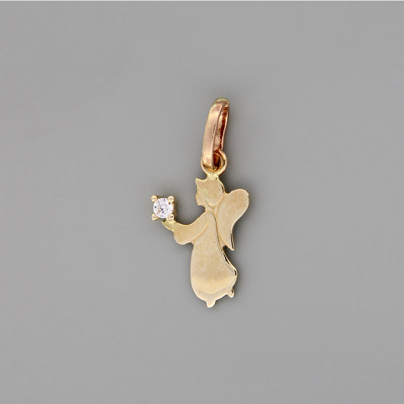 Παιδικό xρυσό χειροποίητο μενταγιόν Αγγελάκι σε λουστρέ επιφάνεια διακοσμημένο με λευκό ζιργκόν Κ14.