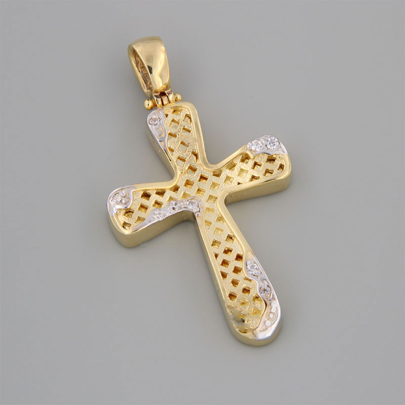 Χειροποίητος βαπτιστικός Σταυρός για κορίτσι σε κίτρινο και λευκό χρυσό Κ14 με ειδική επεξεργασία διαμανταρίσματος και λευκά ζιργκόν.