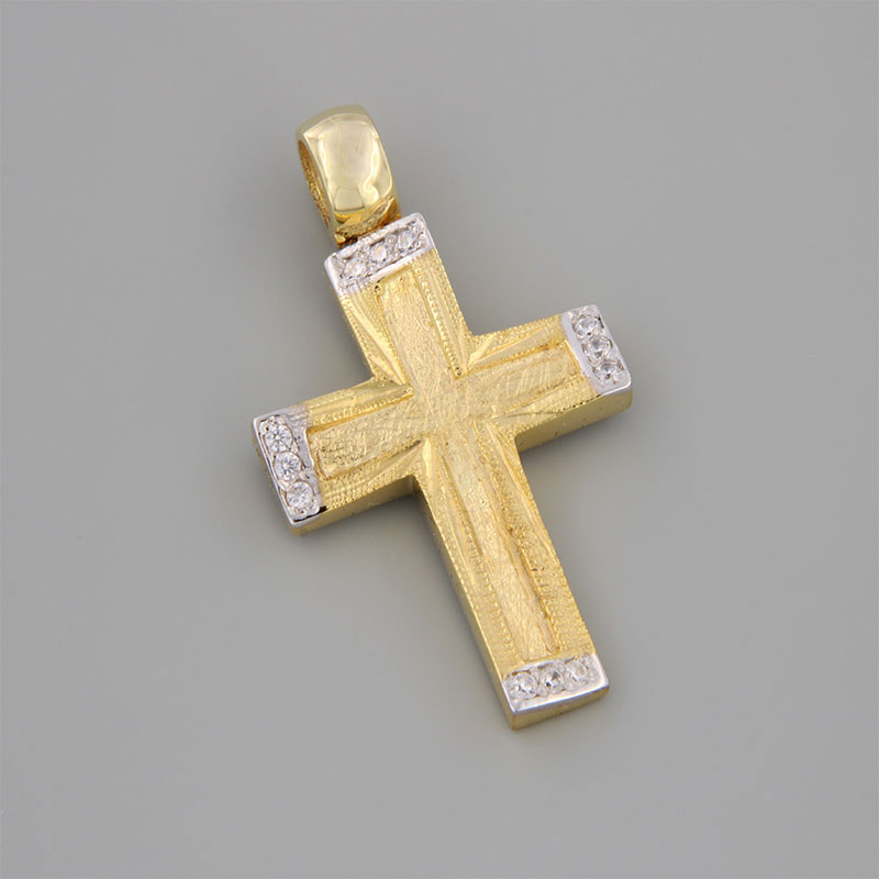 Χειροποίητος βαπτιστικός Σταυρός για κορίτσι σε κίτρινο και λευκό χρυσό Κ14 με ειδική επεξεργασία χαρακτικής και λευκά ζιργκόν.