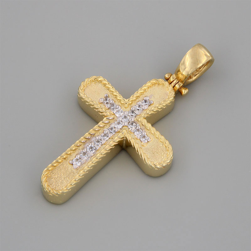 Χειροποίητος βαπτιστικός Σταυρός για κορίτσι σε κίτρινο και λευκό χρυσό Κ14 με ειδική επεξεργασία διαμανταρίσματος και λευκά ζιργκόν.