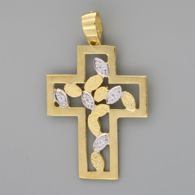 Χειροποίητος βαπτιστικός σταυρός για Κορίτσι από κίτρινο χρυσό Κ14 διακοσμημένος με ειδική επεξεργασία χαρακτικής και λευκά ζιργκόν.