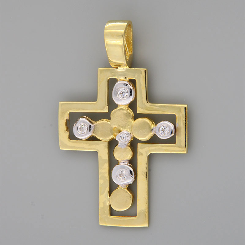 Χειροποίητος βαπτιστικός σταυρός για Κορίτσι από κίτρινο χρυσό Κ14 και λευκές λεπτομέρειες πλατίνας διακοσμημένος με λευκά ζιργκόν.
