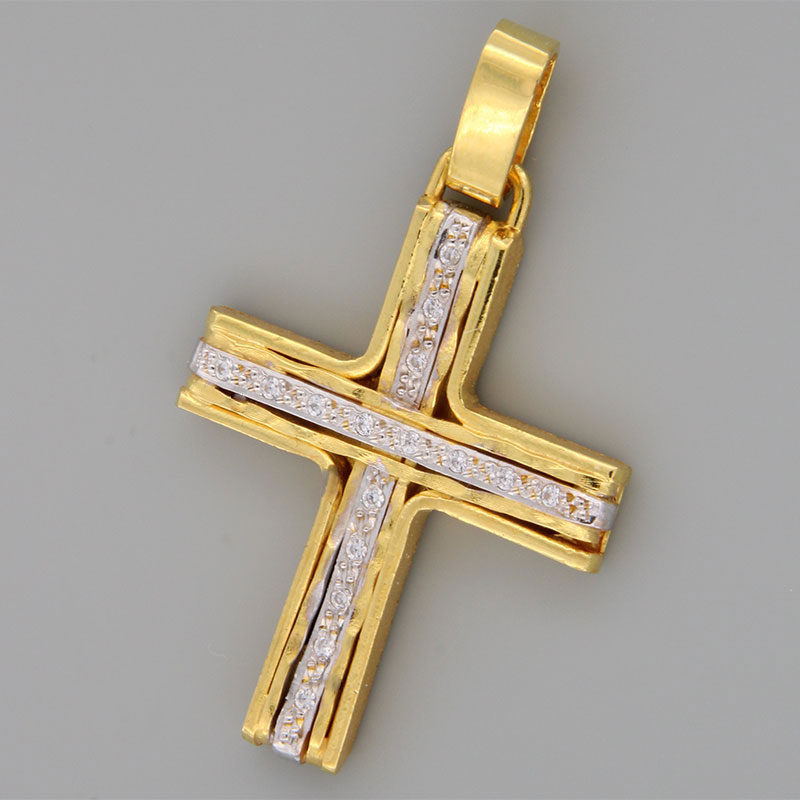 Χειροποίητος σφυρήλατος βαπτιστικός σταυρός για Κορίτσι από χρυσό Κ14 και λευκές λεπτομέρειες πλατίνας διακοσμημένος με λευκά ζιργκόν.