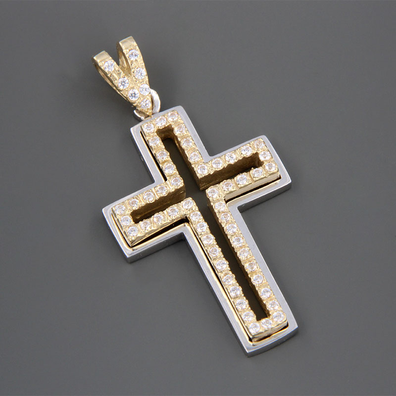 Χειροποίητος δίχρωμος βαπτιστικός χρυσός Σταυρός Κ14 σε λουστρέ επιφάνεια διακοσμημένος με λευκά ζιργκόν από το εργαστήριο Valoro.