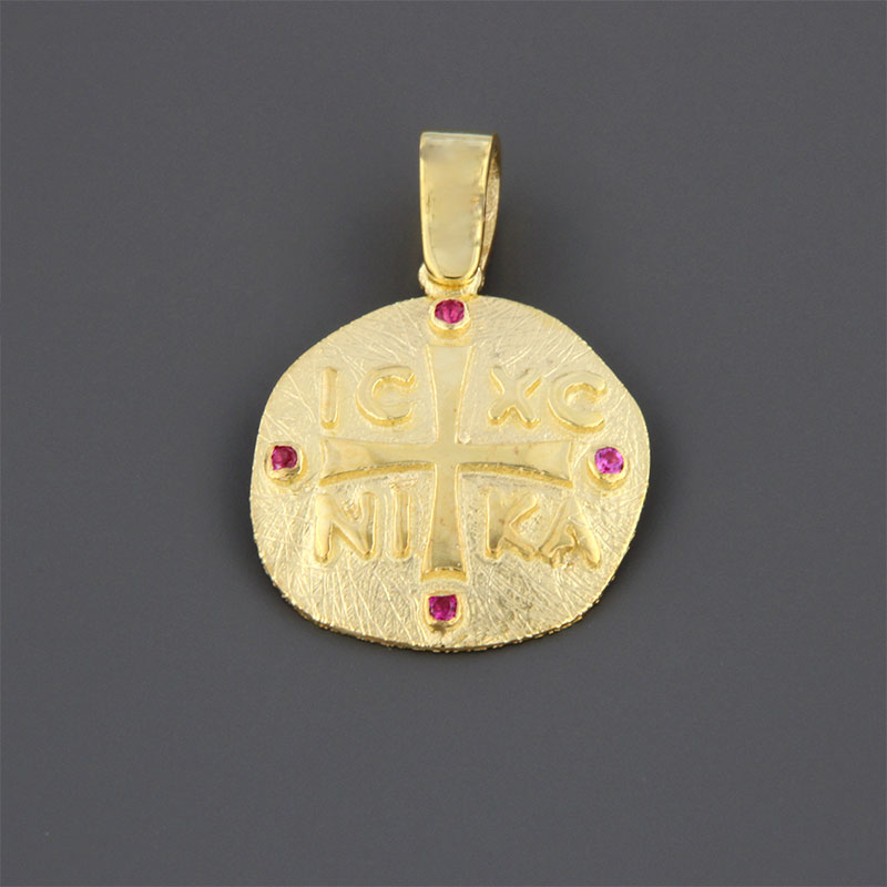 Χειροποίητο χρυσό Κωνσταντινάτο διπλής όψης για Κορίτσι Κ9 διακοσμημένο με κόκκινα Ρουμπίνια.