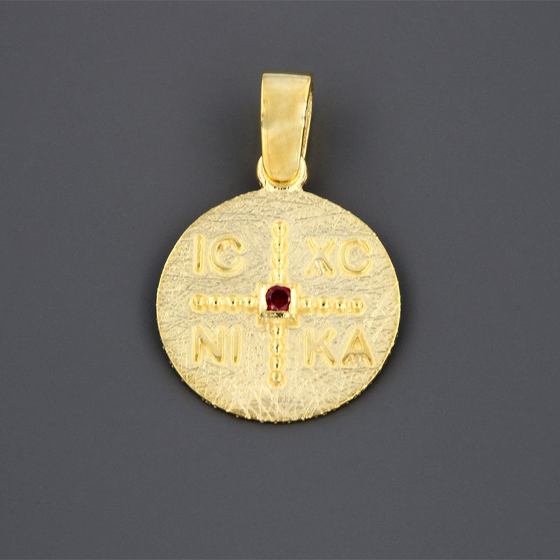 Χειροποίητο χρυσό Κωνσταντινάτο διπλής όψης για Κορίτσι Κ9 διακοσμημένο με κόκκινο Ρουμπίνι.
