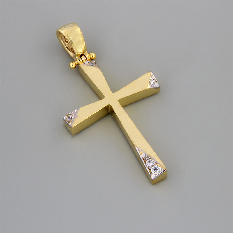 Χειροποίητος δίχρωμος βαπτιστικός χρυσός Σταυρός Κ14 σε ματ επιφάνεια με λευκές λεπτομέρειες και λευκά ζιργκόν.