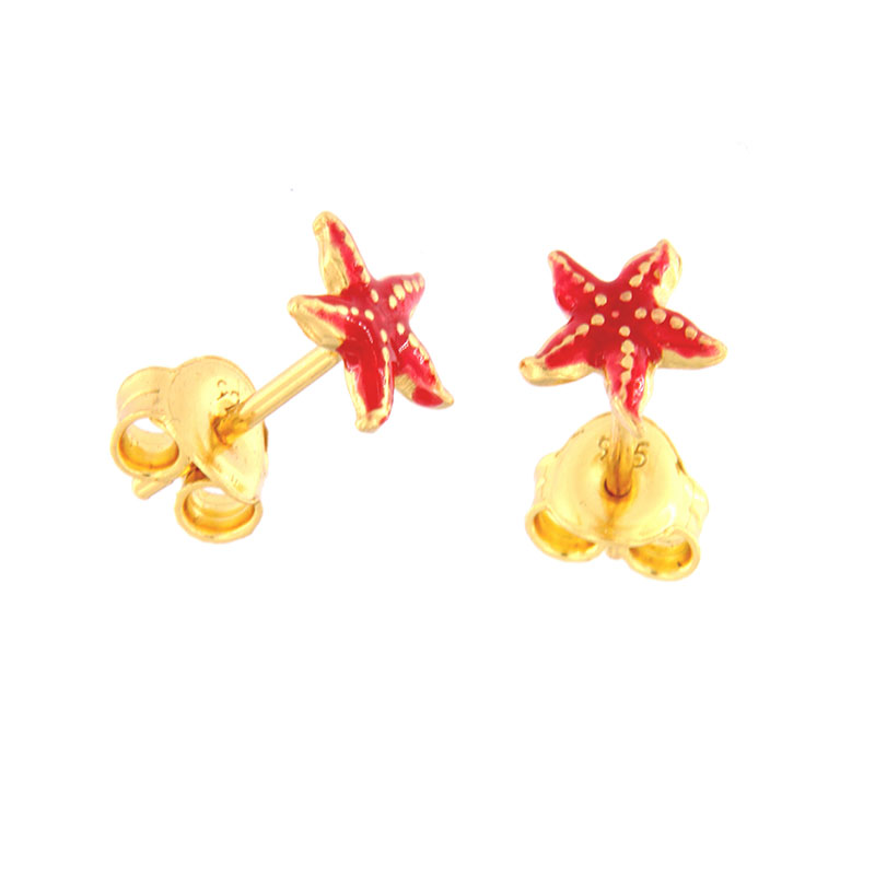 Παιδικά-Εφηβικά επίχρυσα σκουλαρίκια αστερίας από ασήμι 925 διακοσμημένα με κόκκινο σμάλτο.