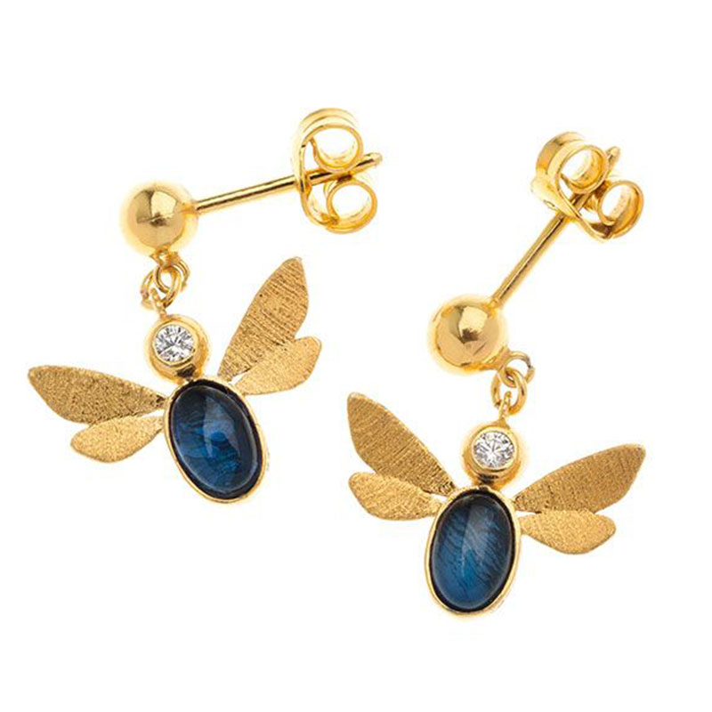 Γυναικεία επίχρυσα ασημένια σκουλαρίκια 925 με Μέλισσες διακοσμημένες με μπλε ζιργκόν.
