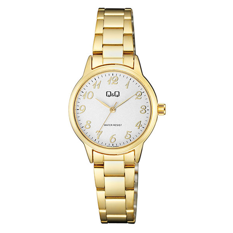 Γυναικείο ρολόι Q&Q από χρυσό ανοξείδωτο ατσάλι με λευκό καντράν και μπρασελέ.