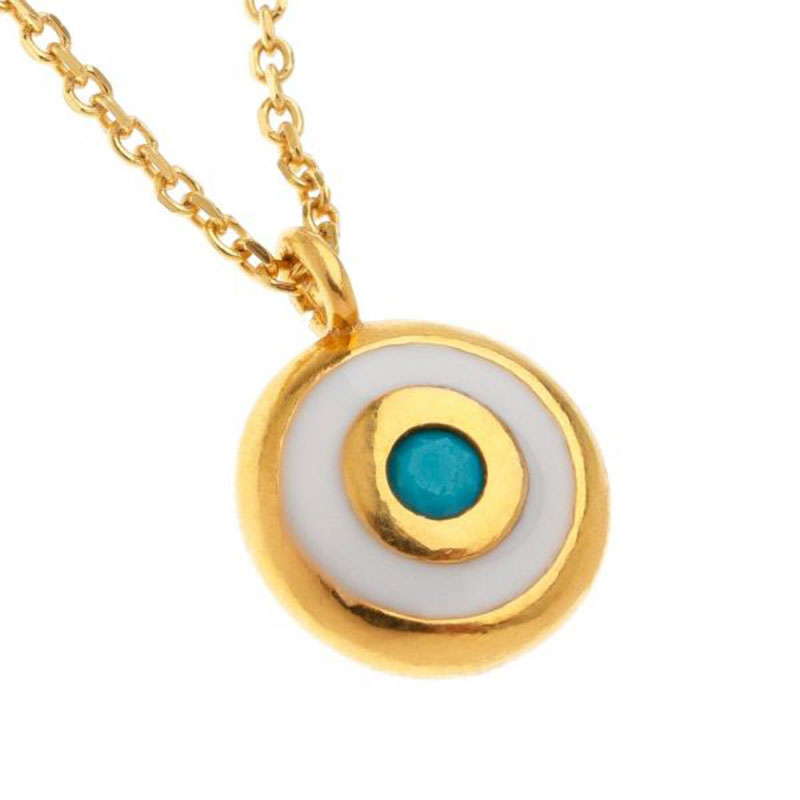 Womens Silver Gold Plated Pendant Eye with 925 ° Chain Decorated with White Enamel and Blue Turquoise.