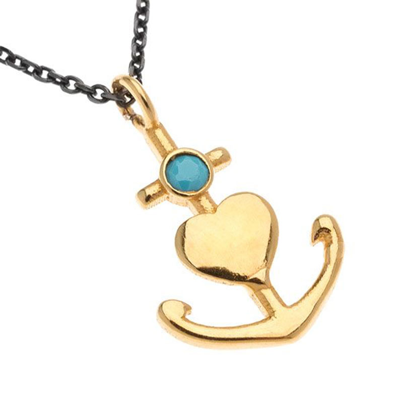 Womens necklace made of 925 ° silver with black platinum chain with anchor and heart decorated with light blue Turquoise.