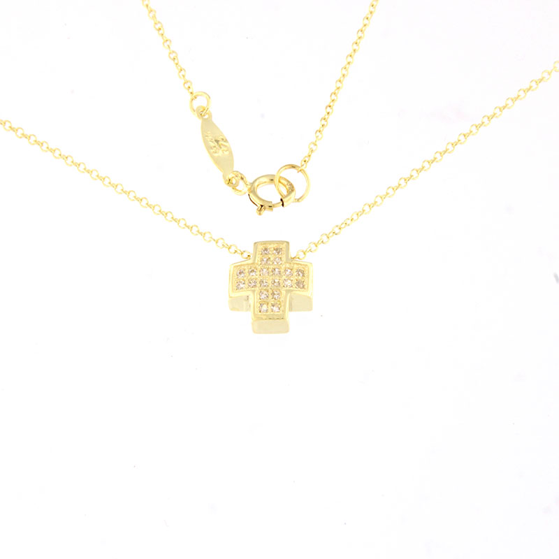 Γυναικείος μικρός σταυρός από κίτρινο χρυσό με αλυσίδα Κ9 διακοσμημένος με λευκά ζιργκόν σε λουστρέ επιφάνειες.