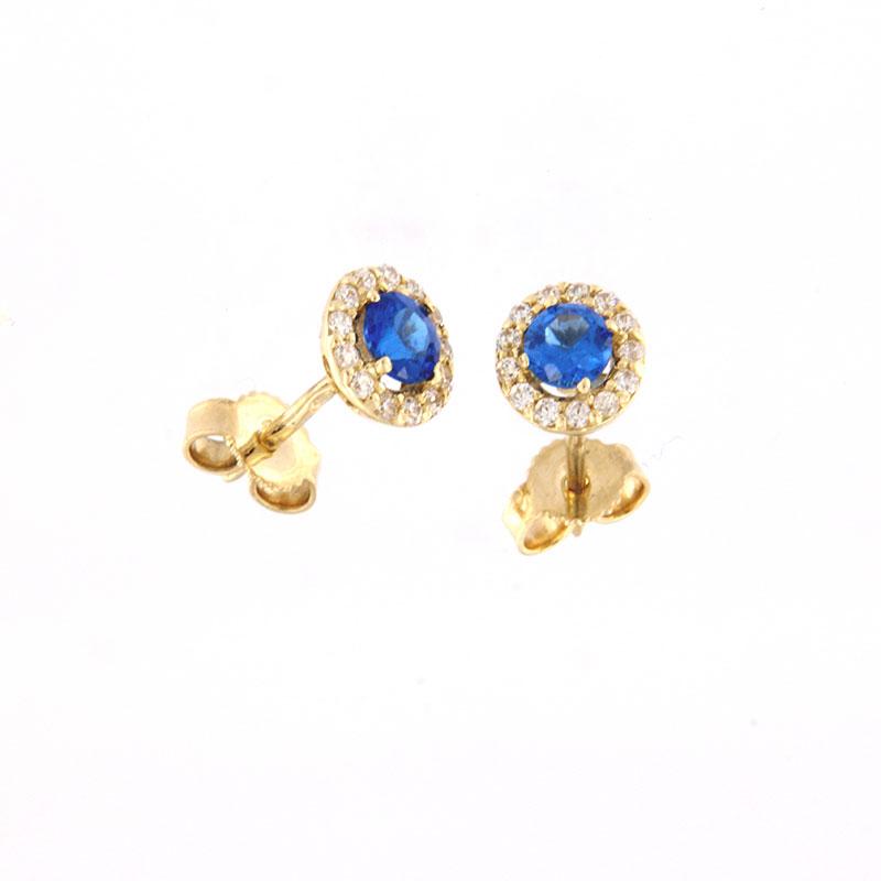 Womens studded earrings round Rosette K14 decorated with blue and white zircons.