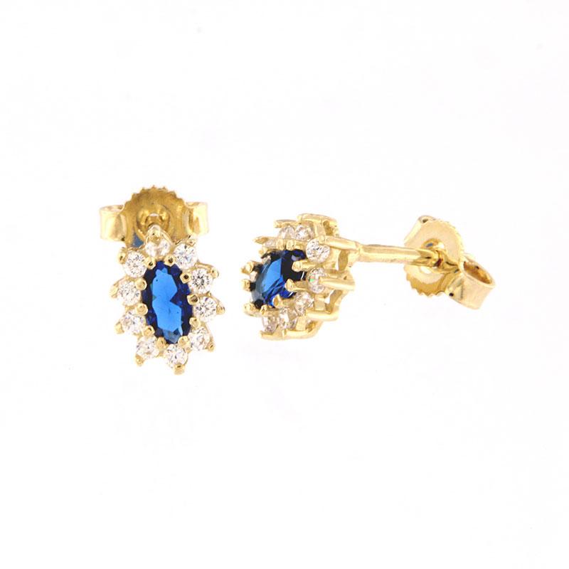 Womens studded oval Rosette earrings K14 decorated with blue and white zircons.