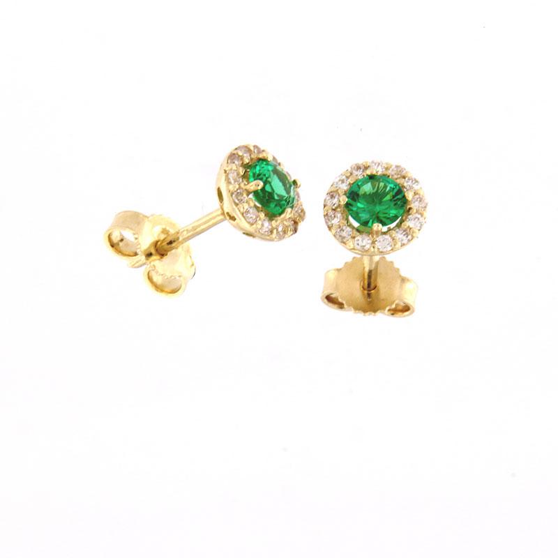 Womens studded earrings round Rosette K14 decorated with green and white zircons.