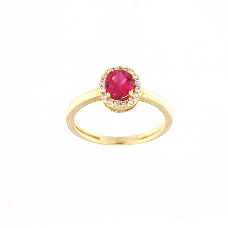 Γυναικείο δαχτυλίδι σε στρογγυλή Ροζέτα Κ14 διακοσμημένο με κόκκινη και λευκά ζιργκόν.
