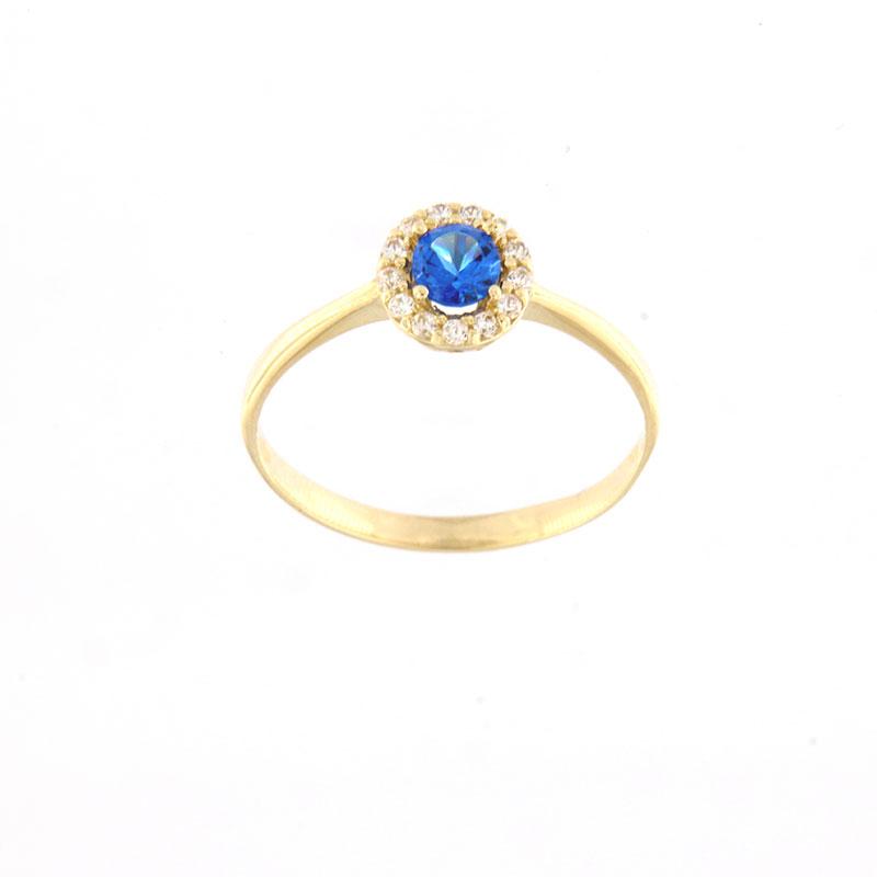 Γυναικείο δαχτυλίδι σε στρογγυλή Ροζέτα Κ14 διακοσμημένο με μπλε και λευκά ζιργκόν.